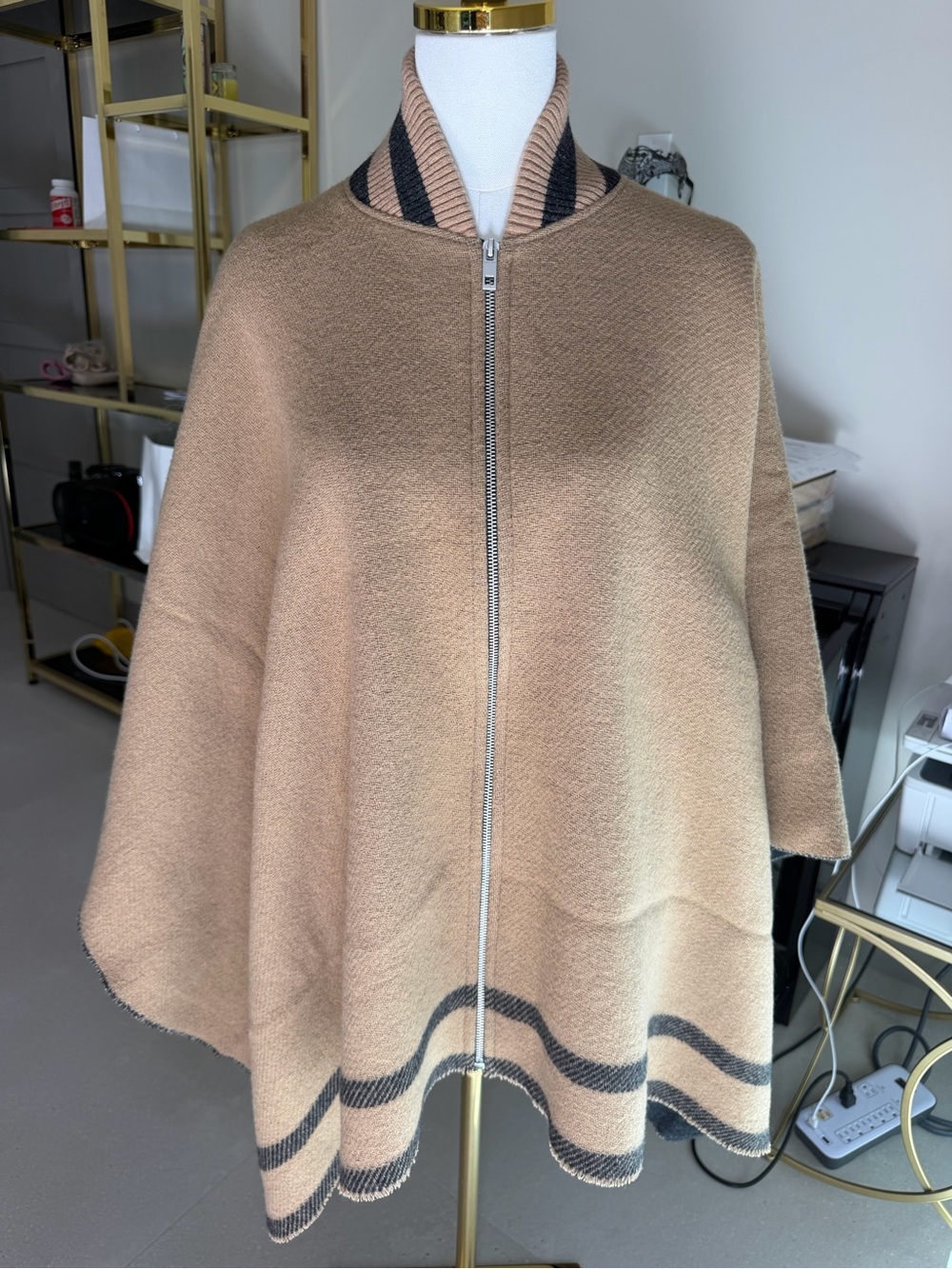 rag & bone Camel Zip-Front Poncho with Black Trim